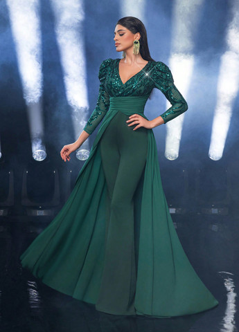 Сукня SHEIN комбінезон-брюки однотонний темно-зелений вечірній поліестер