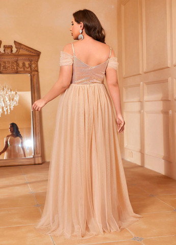 Кремовое вечернее платье клеш, с открытыми плечами SHEIN однотонное