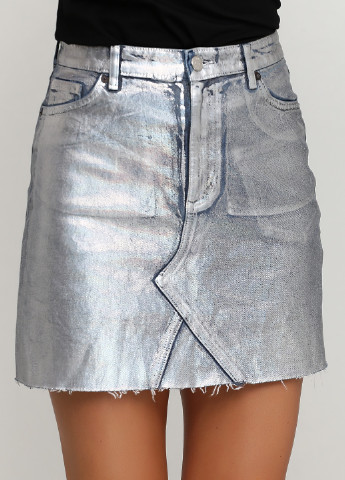 Серебряная джинсовая однотонная юбка Monki а-силуэта (трапеция)