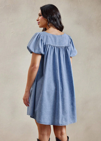 Темно-голубое джинсовое, кэжуал платье оверсайз SHEIN однотонное