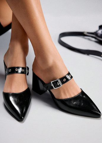 Черные туфли SHEIN на среднем каблуке люверсы, лаковые