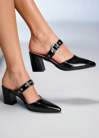 Черные туфли SHEIN на среднем каблуке люверсы, лаковые