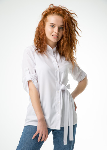 Белая демисезонная классическая блуза с рукавом 3/4 и оригинальным пояском. INNOE Блуза