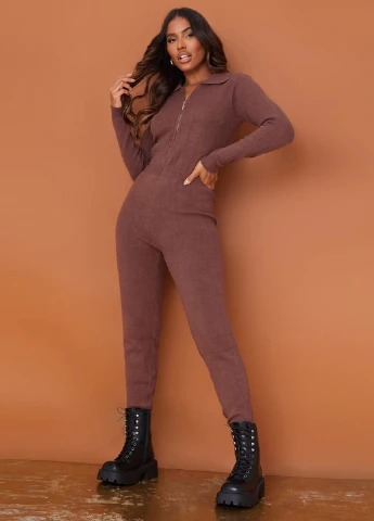 Комбинезон PrettyLittleThing комбинезон-брюки меланж коричневый кэжуал вискоза