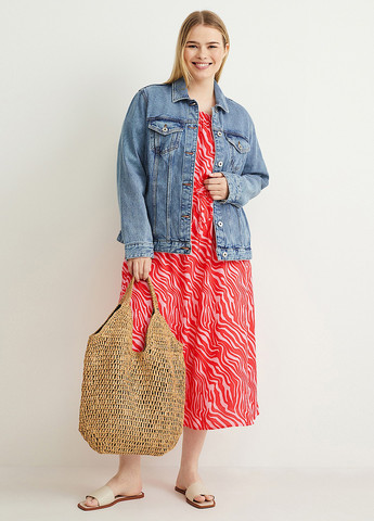 Красное кэжуал платье клеш, с открытыми плечами C&A с абстрактным узором