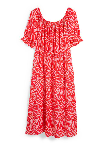 Красное кэжуал платье клеш, с открытыми плечами C&A с абстрактным узором
