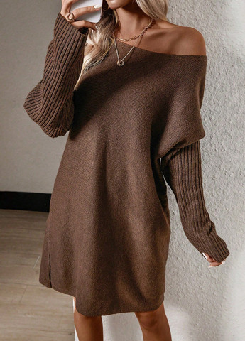 Коричневое кэжуал платье платье-свитер SHEIN однотонное