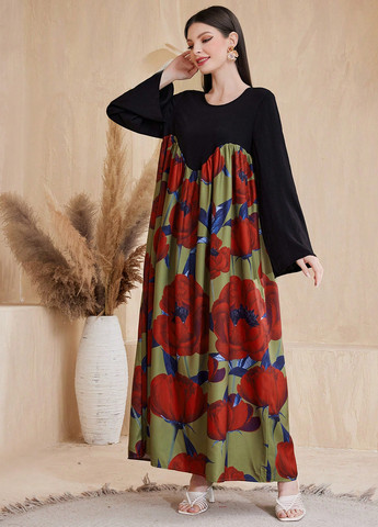 Комбинированное кэжуал платье оверсайз SHEIN с цветочным принтом