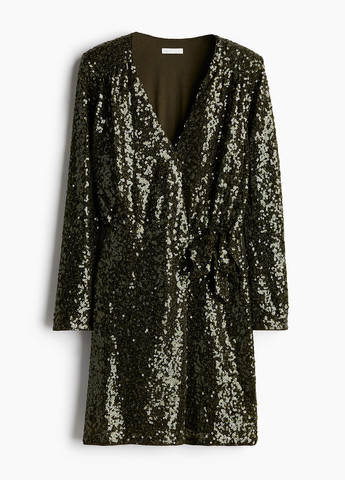 Темно-зеленое вечернее платье на запах H&M однотонное