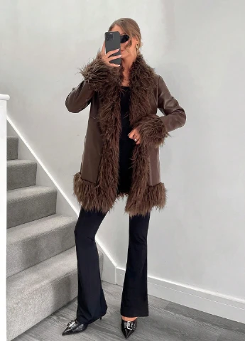 Коричневое зимнее Пальто двубортное SHEIN