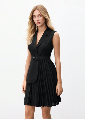 Черное кэжуал платье платье-жакет, плиссированное SHEIN однотонное