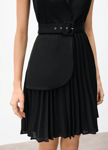 Черное кэжуал платье платье-жакет, плиссированное SHEIN однотонное