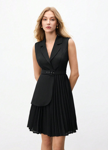 Черное кэжуал платье платье-жакет, плиссированное SHEIN однотонное