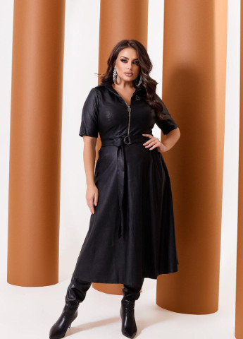 Черное женское платье а силуэта из экокожи черного цвета 374703 New Trend
