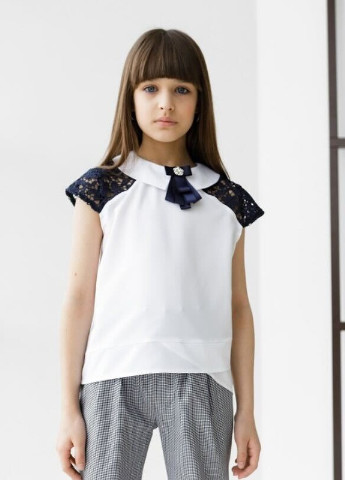 Блузка з коротким рукавом для дівчинки 8406 134 см Білий, Синій 61370 Tair (253506549)