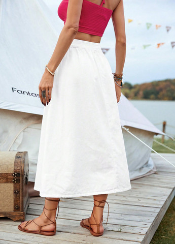 Белоснежная джинсовая, кэжуал однотонная юбка SHEIN а-силуэта (трапеция)