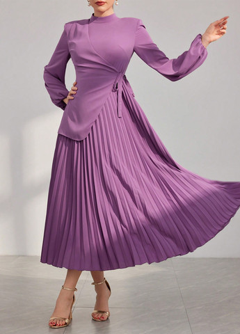 Фиолетовое вечернее, кэжуал платье с юбкой-солнце, плиссированное, на запах SHEIN однотонное