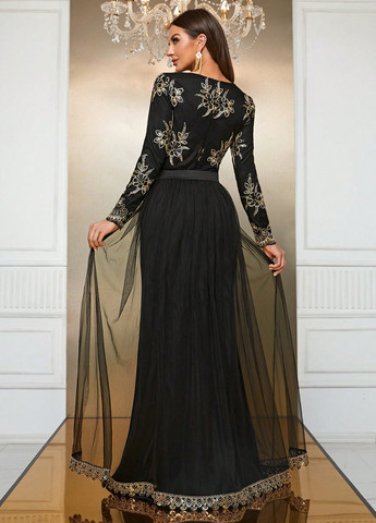 Комбінована вечірня сукня зі шлейфом, а-силует SHEIN однотонна