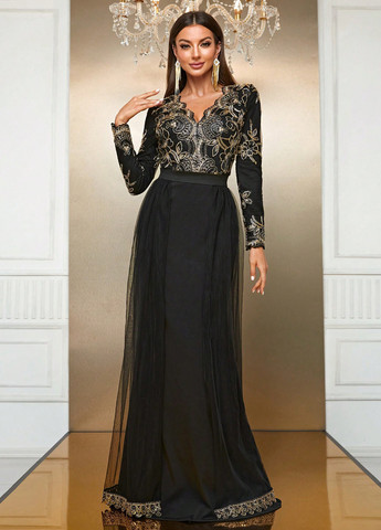 Комбінована вечірня сукня зі шлейфом, а-силует SHEIN однотонна