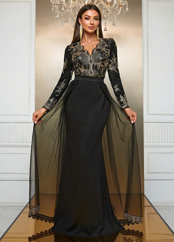 Комбінована вечірня сукня зі шлейфом, а-силует SHEIN однотонна