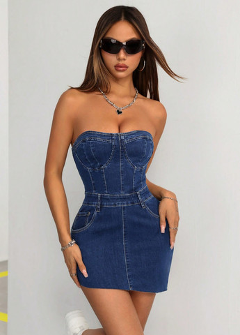 Темно-синя джинсова, коктейльна сукня з відкритою спиною SHEIN однотонна