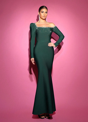 Темно-зелена вечірня сукня годе SHEIN однотонна