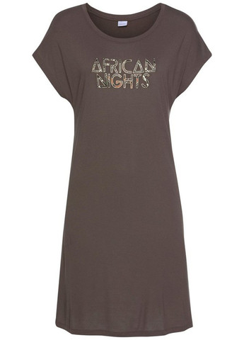 Коричневое домашнее платье платье-футболка Lascana с надписью