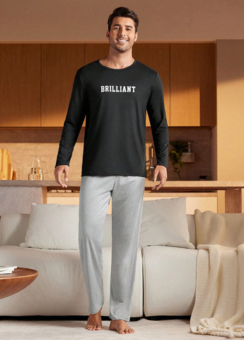 Черный демисезонный домашний лонгслив SHEIN с надписями