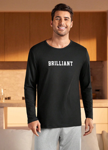 Черный демисезонный домашний лонгслив SHEIN с надписями