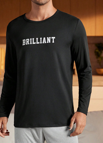 Черный демисезонный домашний лонгслив SHEIN с надписями