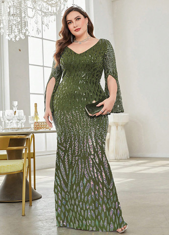 Оливковое вечернее платье годе SHEIN однотонное