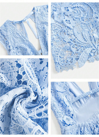 Світло-синя вечірня сукня з спідницею-сонце, в стилі армпір, плісована, з відкритою спиною SHEIN однотонна