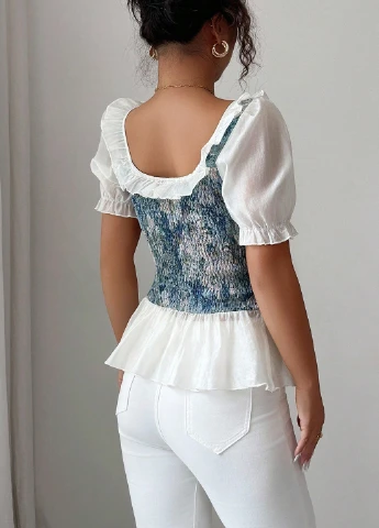 Блакитна блуза з баскою SHEIN