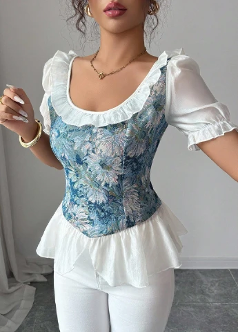 Блакитна блуза з баскою SHEIN