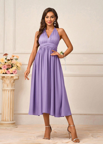 Лілова вечірня сукня з спідницею-сонце, в стилі армпір, з відкритою спиною SHEIN однотонна