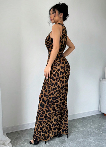 Коричнева вечірня, кежуал сукня в грецькому стилі SHEIN леопардовий
