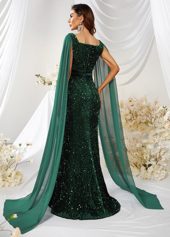 Изумрудное вечернее платье со шлейфом, годе SHEIN однотонное