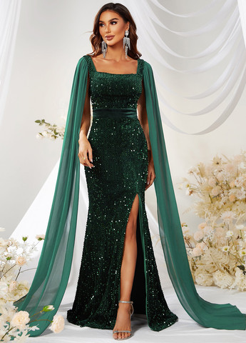 Изумрудное вечернее платье со шлейфом, годе SHEIN однотонное