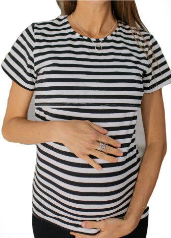 Чорно-біла всесезон 8215 футболка для вагітних з секретом для годування широка полоска чорно-біла HN