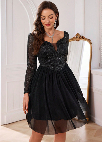 Черное праздничный, вечернее платье SHEIN однотонное