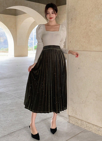 Темно-зеленая кэжуал однотонная юбка SHEIN плиссе