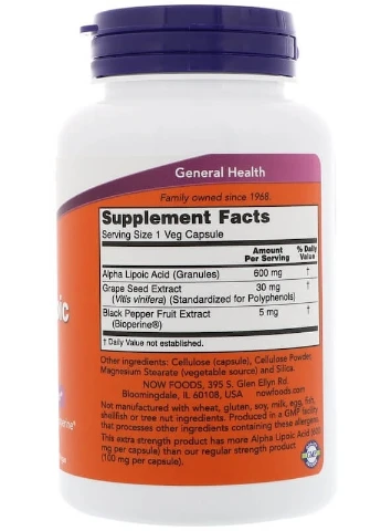 Альфа-ліпоєва кислота Extra Strength Alpha Lipoic Acid 600 mg 120 caps Now (254916618)