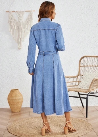 Блакитна джинсова сукня кльош, сукня-сорочка SHEIN варенка
