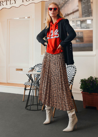 Светло-коричневая кэжуал с абстрактным узором юбка KOTON плиссе, а-силуэта (трапеция)