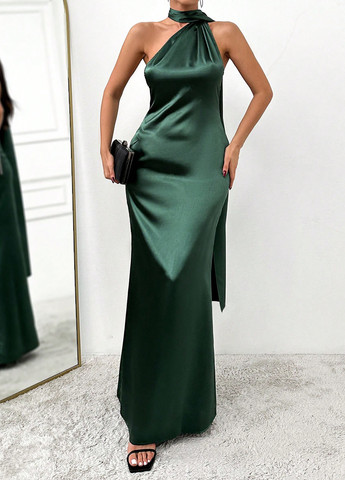 Темно-зеленое вечернее платье с открытыми плечами, с открытой спиной SHEIN однотонное