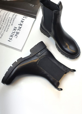 Жіночі черевики челсі з натуральної шкіри чорні демісезонні Brocoli (251198610)
