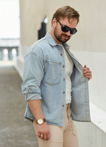 Светло-голубой джинсовая, кэжуал рубашка однотонная SHEIN