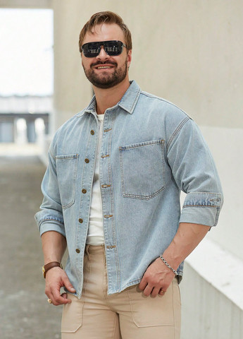 Светло-голубой джинсовая, кэжуал рубашка однотонная SHEIN