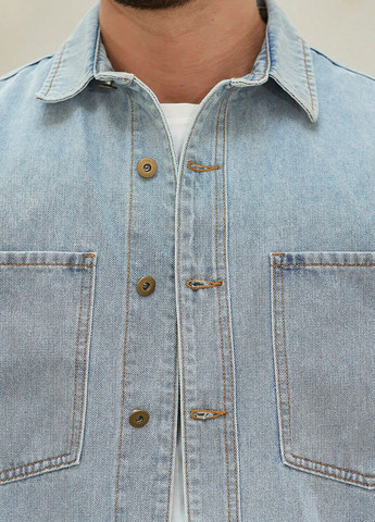 Светло-голубой джинсовая, кэжуал рубашка однотонная SHEIN