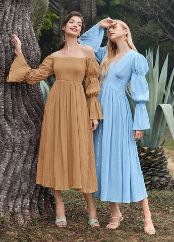 Светло-бежевое кэжуал платье с открытыми плечами SHEIN однотонное